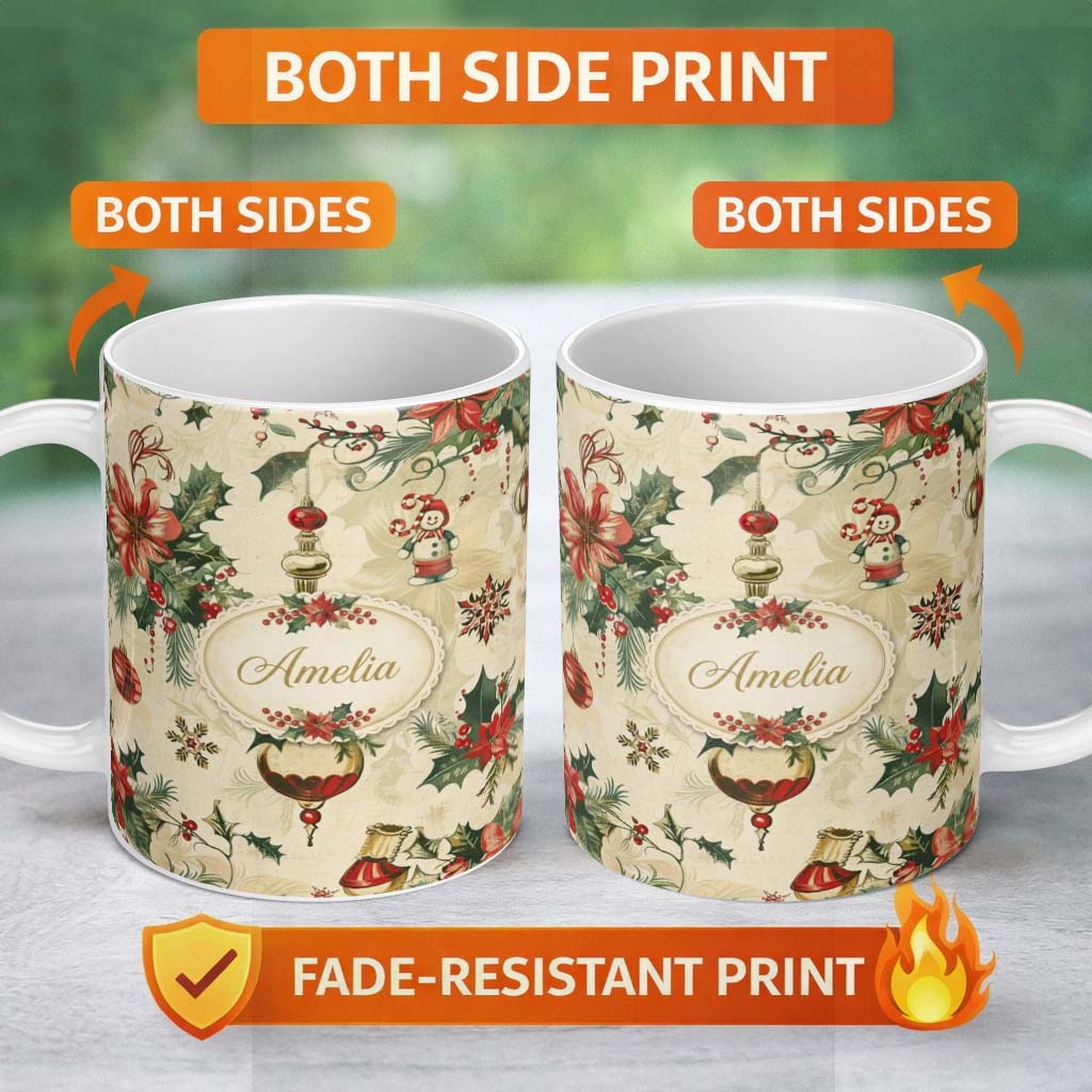 Personalized Custom Name Elegant Christmas Poinsettia Holly Berries and Ornaments Seamless 11oz Ceramic Coffee Tea Mug White Large Handle