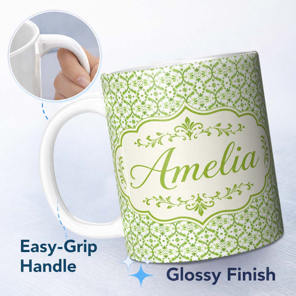 Personalized Custom Name Dark Green Abstract Oil Paint Swirl Seamless Pattern Lovely 11oz Ceramic Coffee Tea Mug White Large Handle
