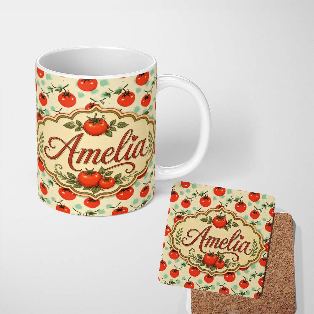 Personalized Custom Name Playful Cherry Tomatoes with Mint Splash Background Seamless Pattern 11oz Ceramic Coffee Tea Mug White Large Handle