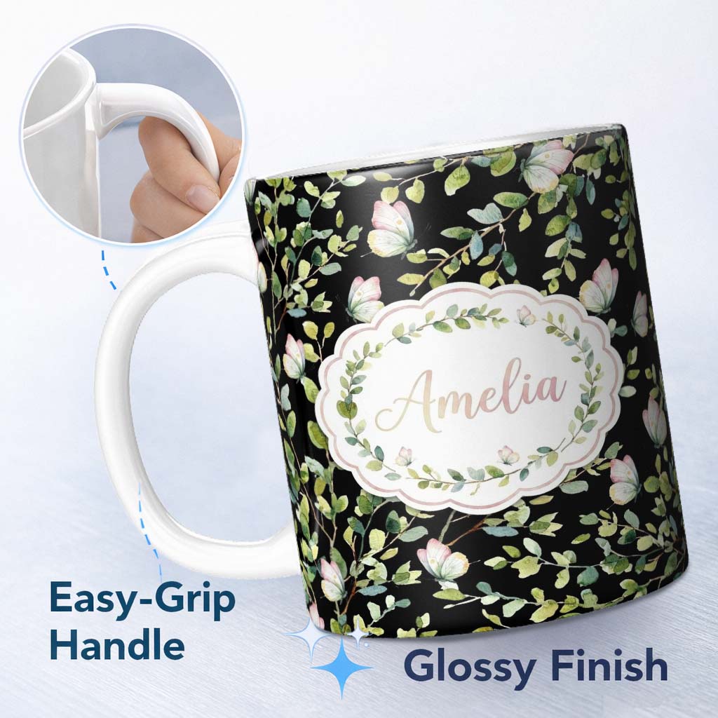 Personalized Custom Name Elegant Gold Butterfly Sparkle Seamless Pattern Thoughtful Gift Idea 11oz Ceramic Coffee Tea Mug White Large Handle