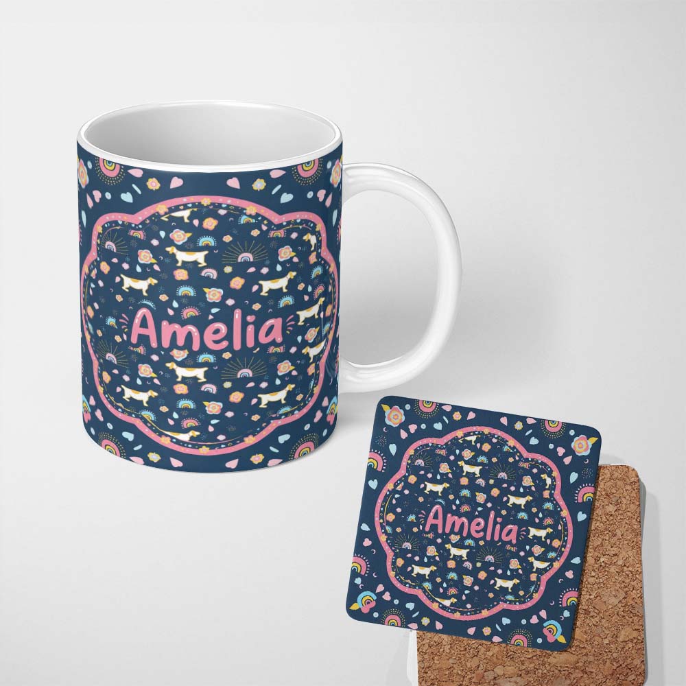 Personalized Custom Name Boho Dog Floral Rainbow Navy Background Seamless Pattern Lovely 11oz Ceramic Coffee Tea Mug White Large Handle