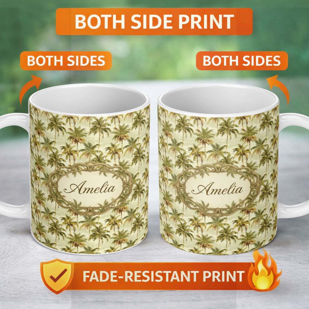Personalized Custom Name Soft Coastal Palm Tree Pattern in Muted Green and Beige Tones Lovely 11oz Ceramic Coffee Tea Mug White Large Handle