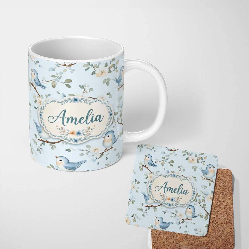 Personalized Custom Name Cute Blue Birds on Floral Branches Soft Background Seamless Pattern 11oz Ceramic Coffee Tea Mug White Large Handle