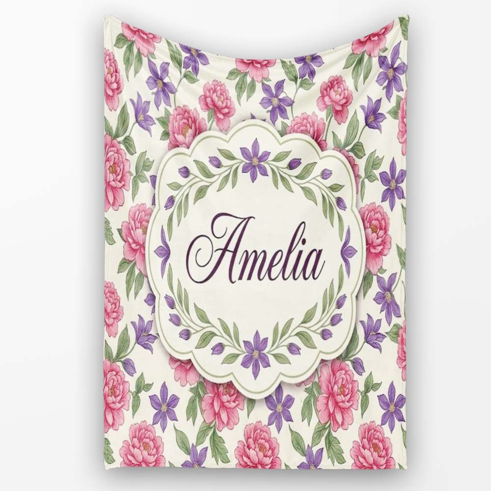 Classic Floral Peony Lilac Beige Seamless Pattern Name Cute Unique Personalised Custom Name Super Soft Fleece Blanket Bed Sofa Throw
