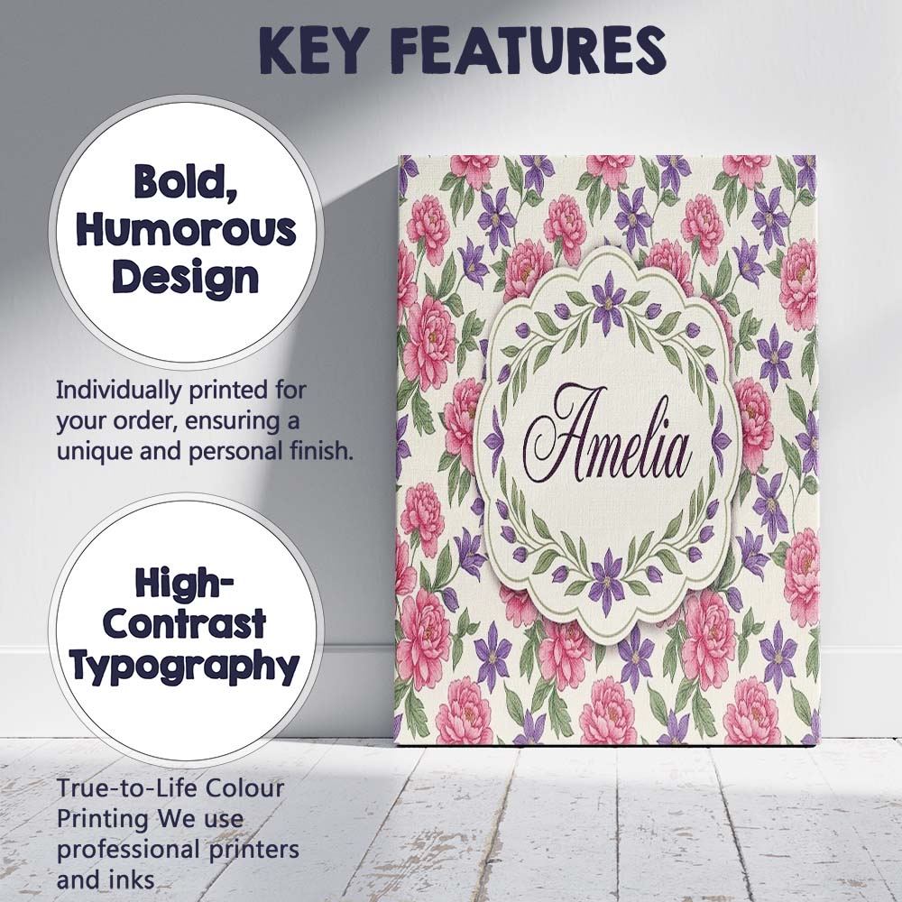 Personalised Name Classic Floral Peony Custom Modern Room Accent Elegant Feature Canvas Wall Art Print Decor Picture Ready to Hang