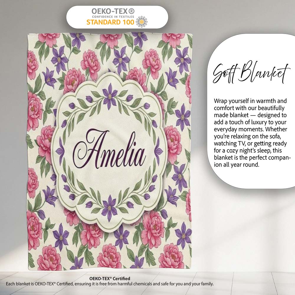 Classic Floral Peony Lilac Beige Seamless Pattern Name Cute Unique Personalised Custom Name Super Soft Fleece Blanket Bed Sofa Throw