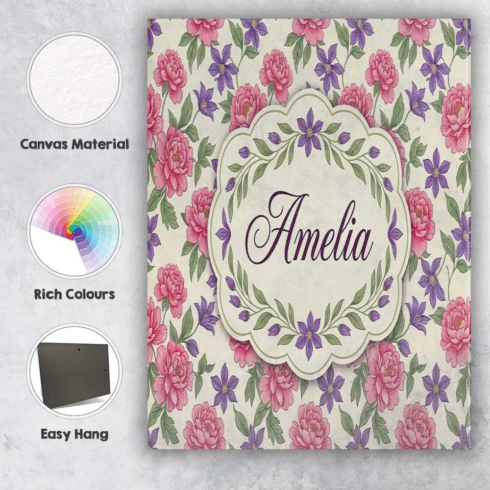 Personalised Name Classic Floral Peony Custom Modern Room Accent Elegant Feature Canvas Wall Art Print Decor Picture Ready to Hang