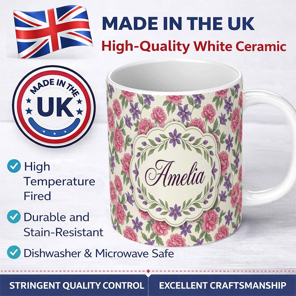 Personalized Custom Name Classic Floral Peony Lilac Beige Seamless Pattern Name Cute Unique 11oz Ceramic Coffee Tea Mug White Large Handle