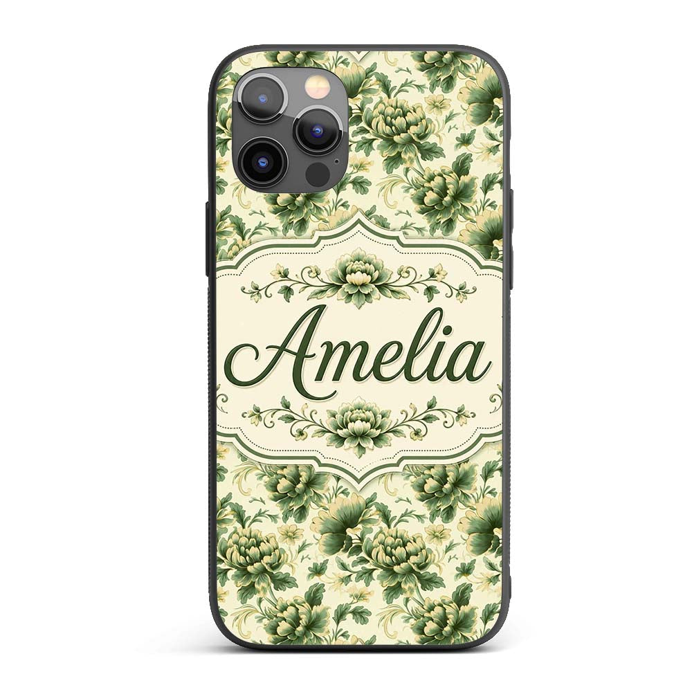 Vintage Green Botanical Floral Garden Seamless Custom Name Protective Phone Case Mobile Cover Durable Everyday Smartphone Shock Resistant