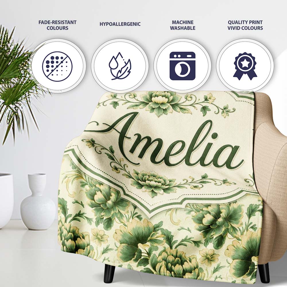 Vintage Green Botanical Floral Garden Seamless Pattern Name Cute Personalised Custom Name Super Soft Fleece Blanket Bed Sofa Throw