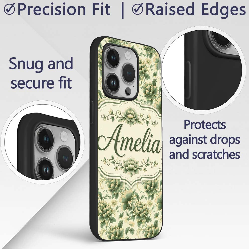 Vintage Green Botanical Floral Garden Seamless Custom Name Protective Phone Case Mobile Cover Durable Everyday Smartphone Shock Resistant