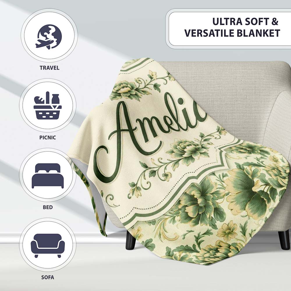 Vintage Green Botanical Floral Garden Seamless Pattern Name Cute Personalised Custom Name Super Soft Fleece Blanket Bed Sofa Throw