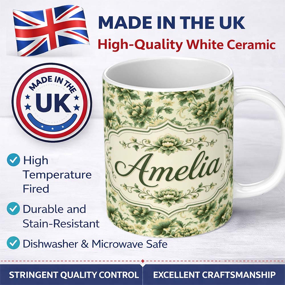 Personalized Custom Name Vintage Green Botanical Floral Garden Seamless Pattern Name Cute 11oz Ceramic Coffee Tea Mug White Large Handle
