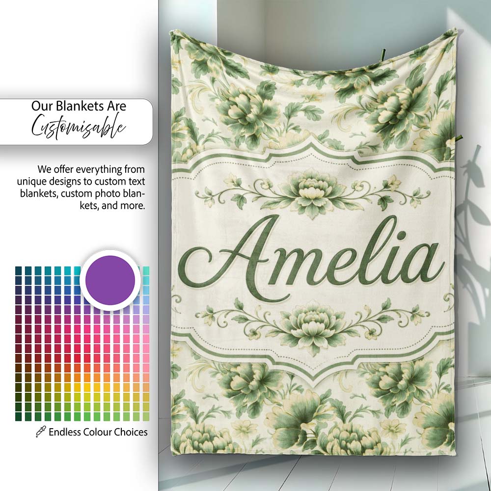 Vintage Green Botanical Floral Garden Seamless Pattern Name Cute Personalised Custom Name Super Soft Fleece Blanket Bed Sofa Throw