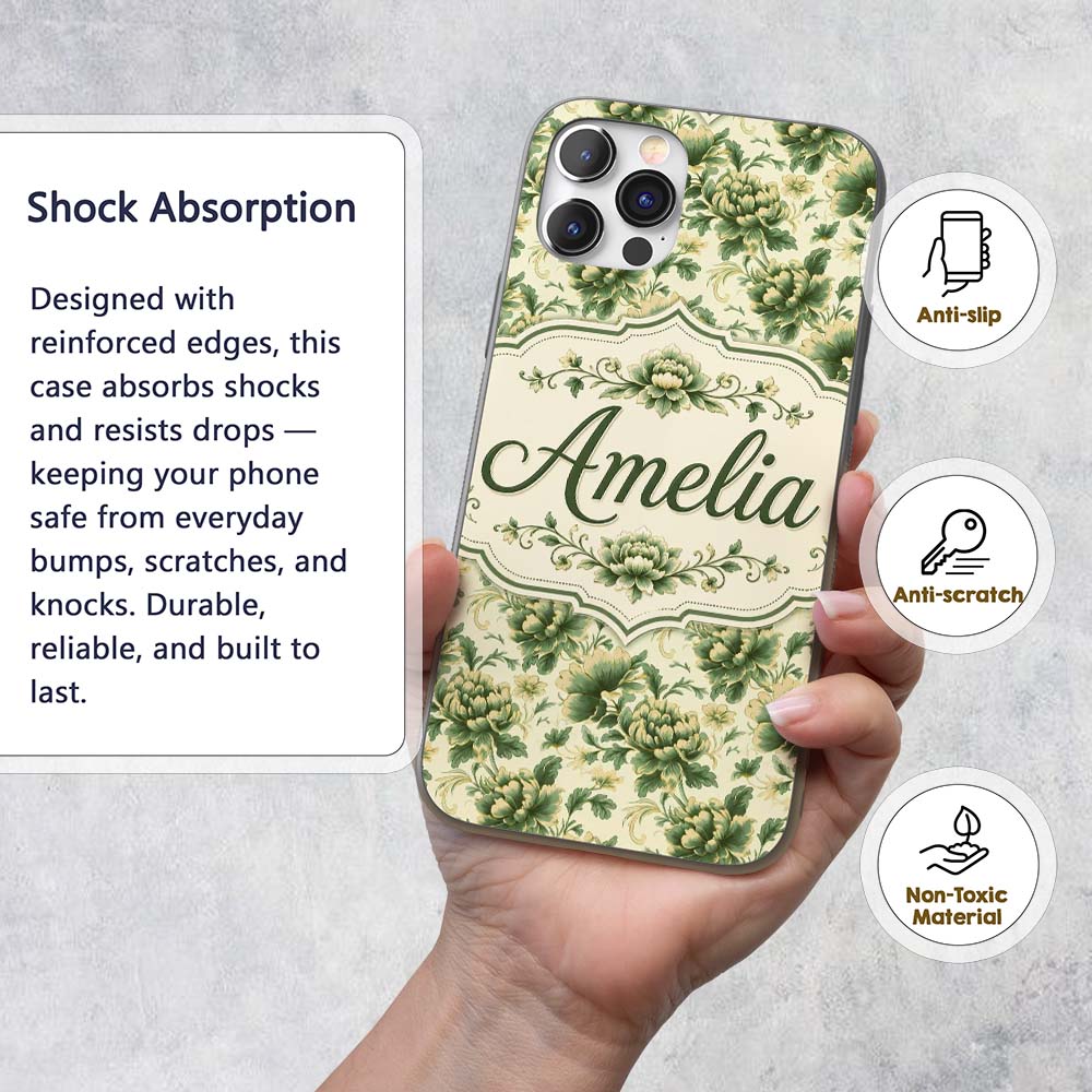 Vintage Green Botanical Floral Garden Seamless Custom Name Protective Phone Case Mobile Cover Durable Everyday Smartphone Shock Resistant