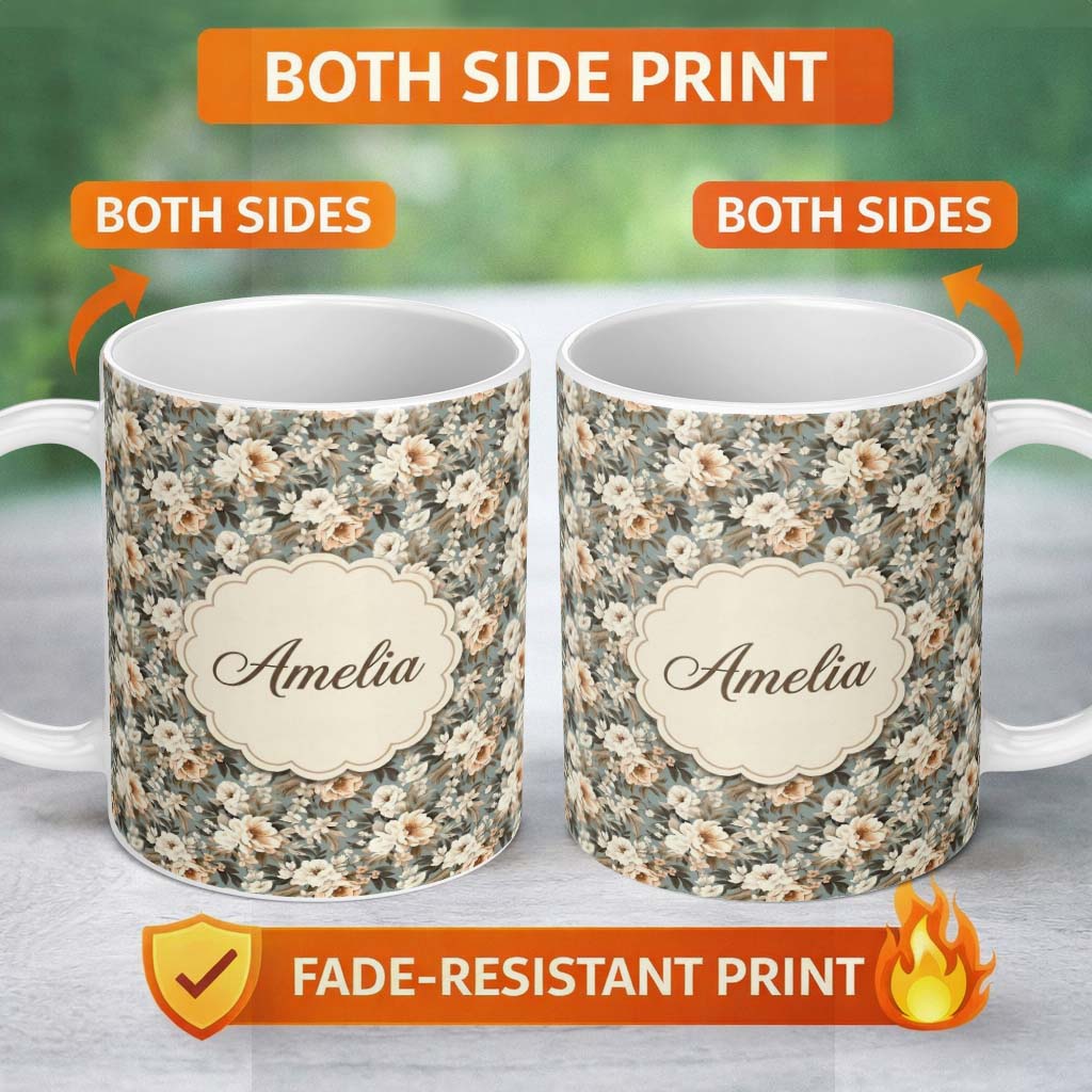 Personalized Custom Name Elegant Cream Peach Floral Bouquet Seamless Pattern Name Cute 11oz Ceramic Coffee Tea Mug White Large Handle