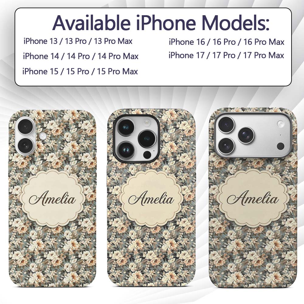 Elegant Cream Peach Floral Bouquet Printed Design Custom Name Protective Phone Case Mobile Cover Durable Everyday Smartphone Shock Resistant