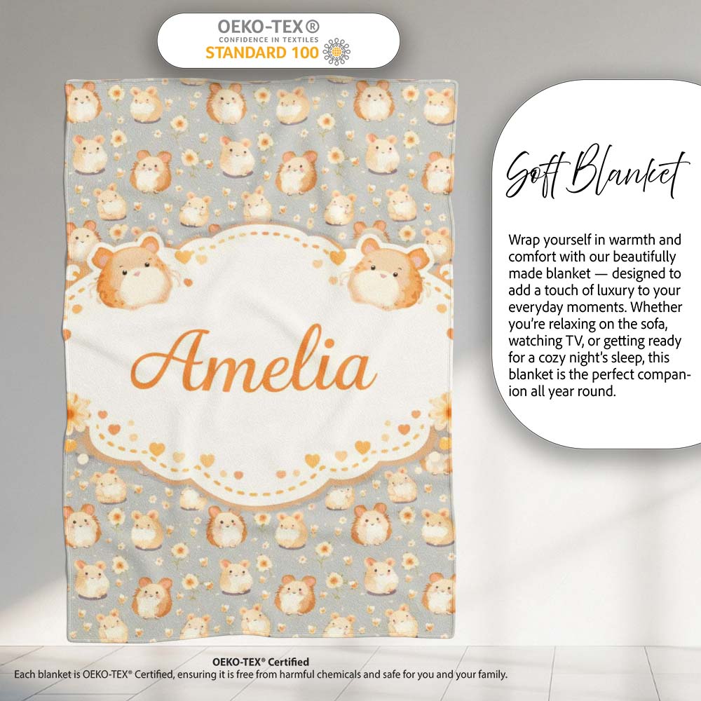 Soft Beige Hamster Daisy Floral Seamless Pattern Cute Unique Gift Personalised Custom Name Super Soft Fleece Blanket Bed Sofa Throw