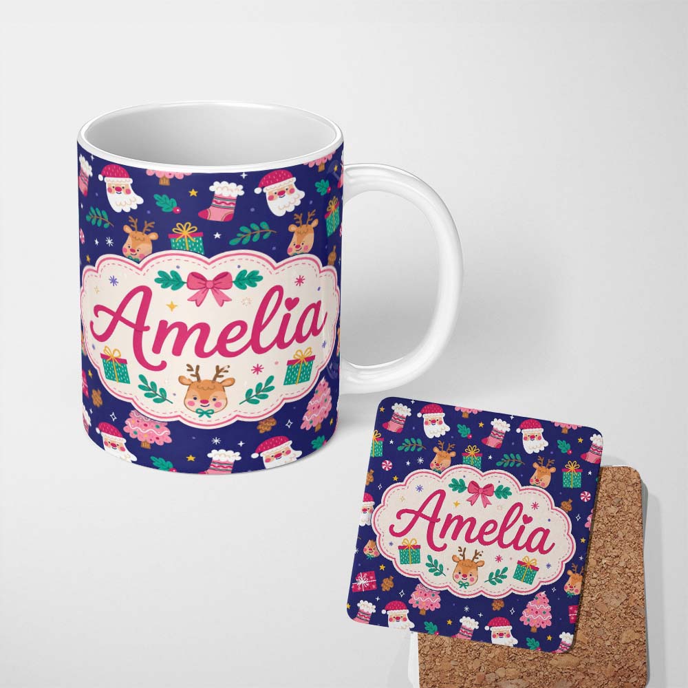 Personalized Custom Name Cute Santa Reindeer Gift Christmas Tree Seamless Pattern Lovely 11oz Ceramic Coffee Tea Mug White Large Handle