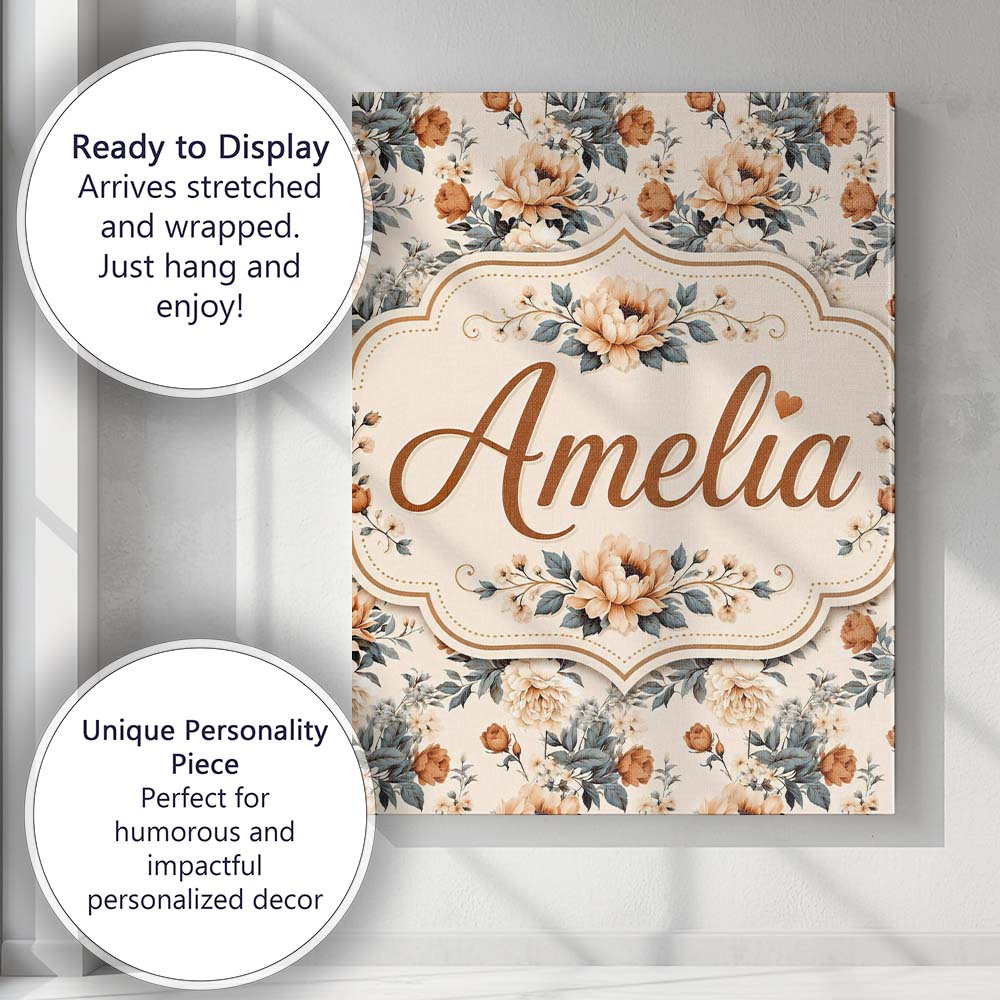 Personalised Name Soft Neutral Floral Custom Modern Room Accent Creative Decorator Style Canvas Wall Art Print Decor Picture Ready to Hang