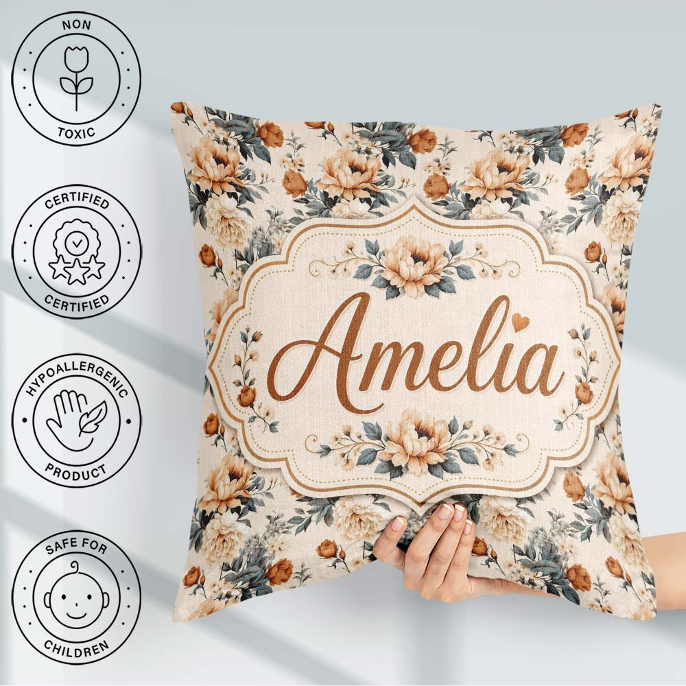 Custom Name Soft Neutral Floral Bouquet Beige Seamless Name Cute Square Filled Cushion Throw Pillow Sofa Bed Home Decor Zip Washable UK Made