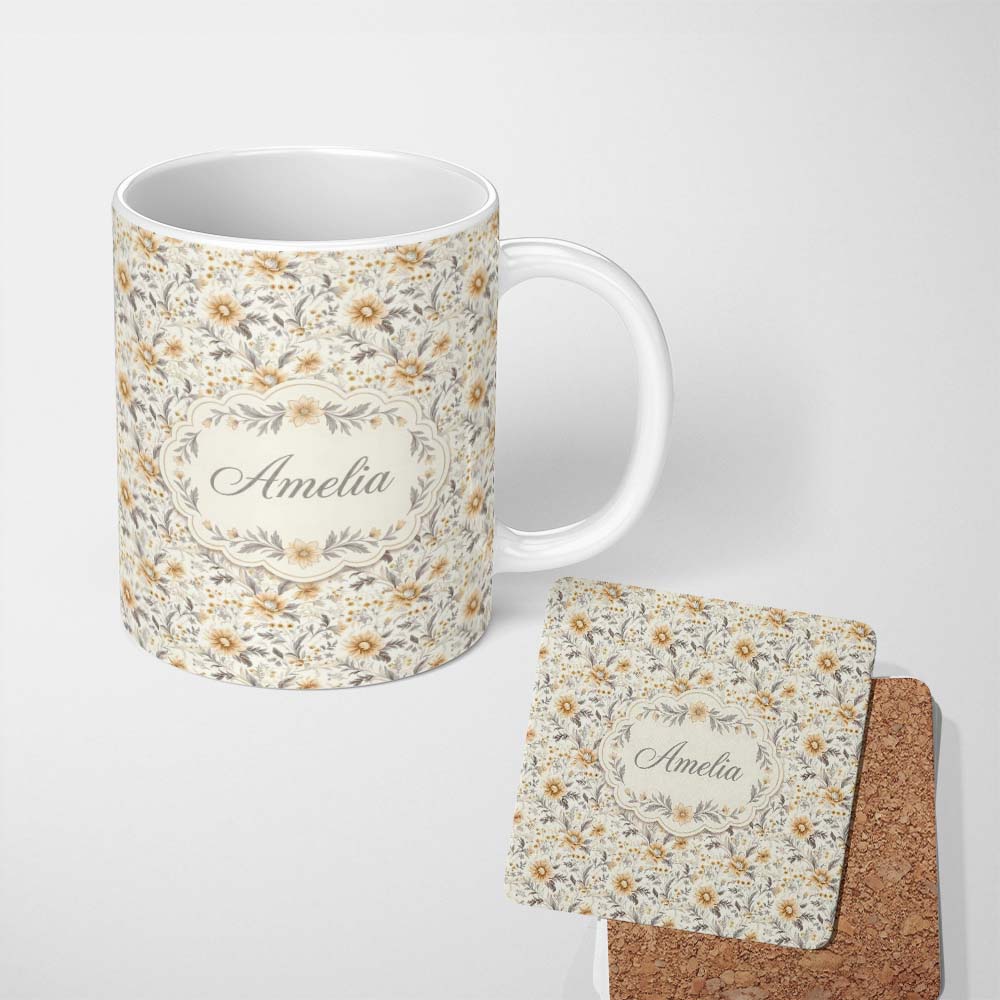 Personalized Custom Name Delicate Golden Wildflower Botanical Seamless Pattern Name Cute 11oz Ceramic Coffee Tea Mug White Large Handle