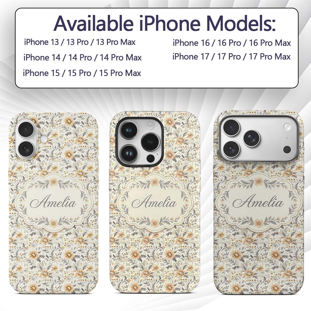 Delicate Golden Wildflower Botanical Seamless Custom Name Protective Phone Case Mobile Cover Durable Everyday Smartphone Shock Resistant