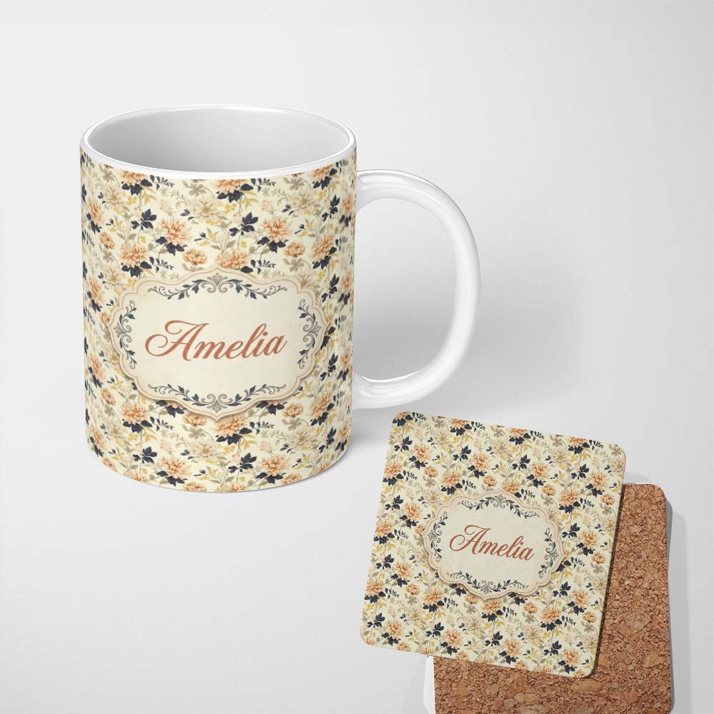 Personalized Custom Name Vintage Cream Floral Meadow Soft Tones Seamless Pattern Name Cute 11oz Ceramic Coffee Tea Mug White Large Handle