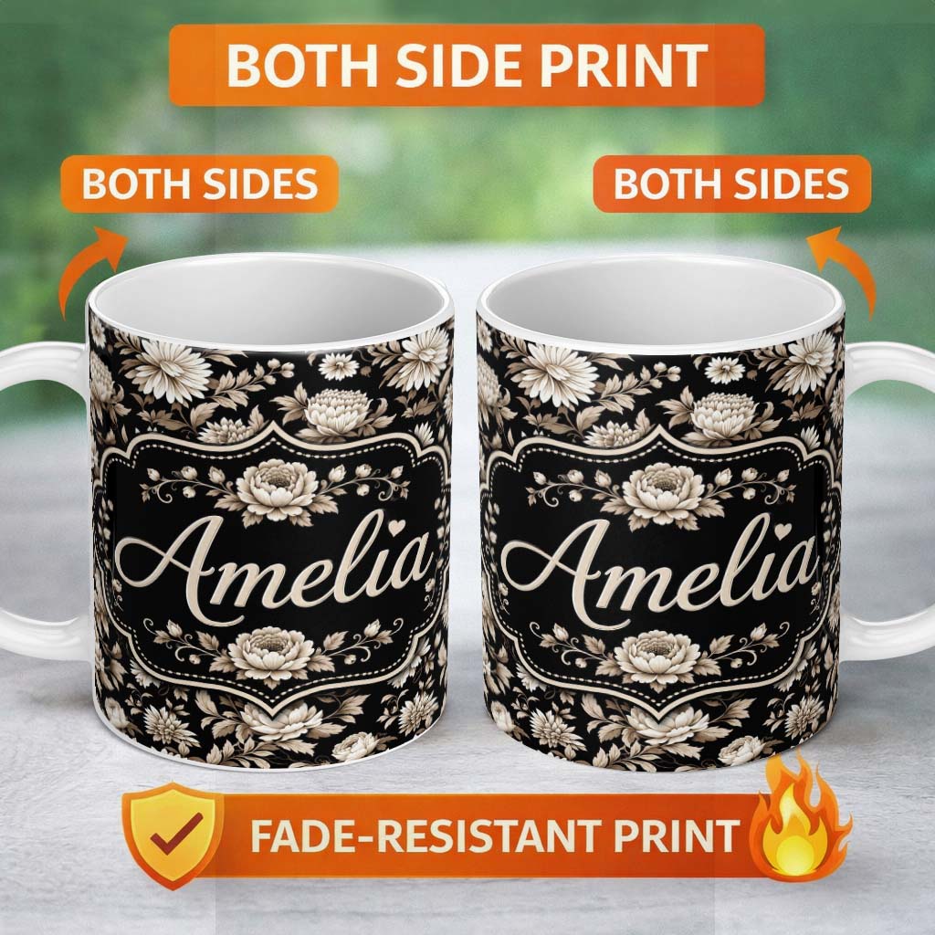 Personalized Custom Name Elegant Ivory Floral Black Background Seamless Pattern Name Cute 11oz Ceramic Coffee Tea Mug White Large Handle
