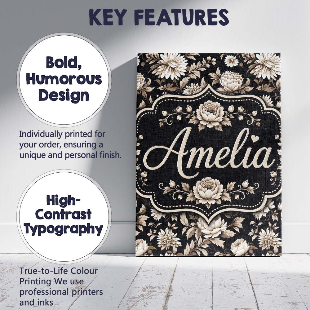 Personalised Name Elegant Ivory Floral Custom Unique Gift Idea Modern Room Accent Canvas Wall Art Print Decor Picture Ready to Hang