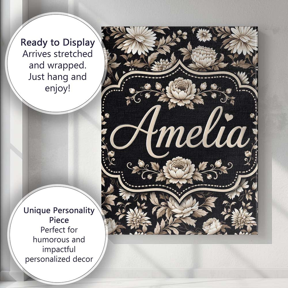 Personalised Name Elegant Ivory Floral Custom Unique Gift Idea Modern Room Accent Canvas Wall Art Print Decor Picture Ready to Hang