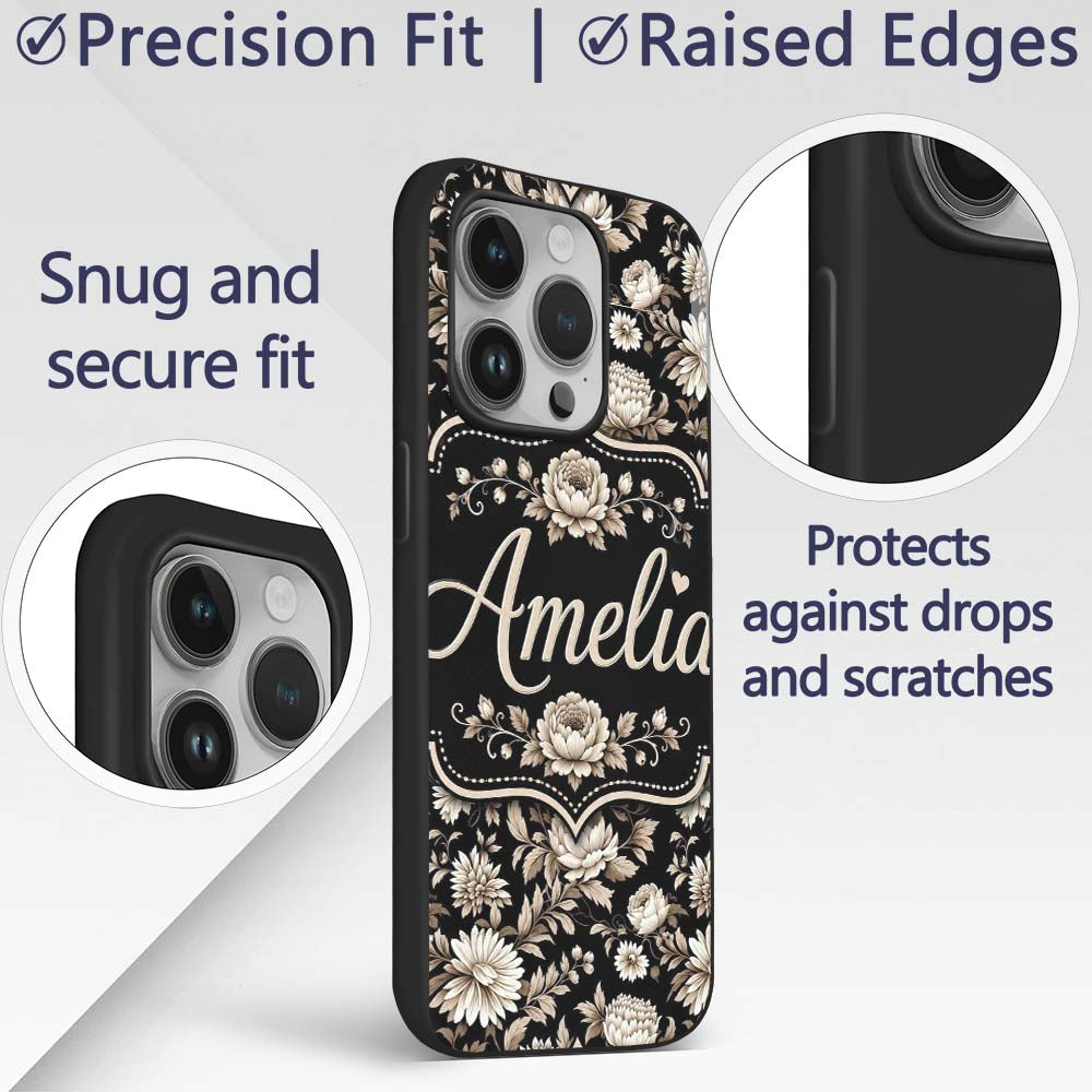 Elegant Ivory Floral Black Background Seamless Custom Name Protective Phone Case Mobile Cover Durable Everyday Smartphone Shock Resistant