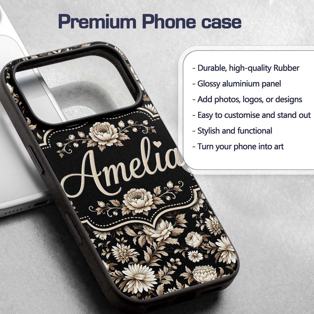 Elegant Ivory Floral Black Background Seamless Custom Name Protective Phone Case Mobile Cover Durable Everyday Smartphone Shock Resistant