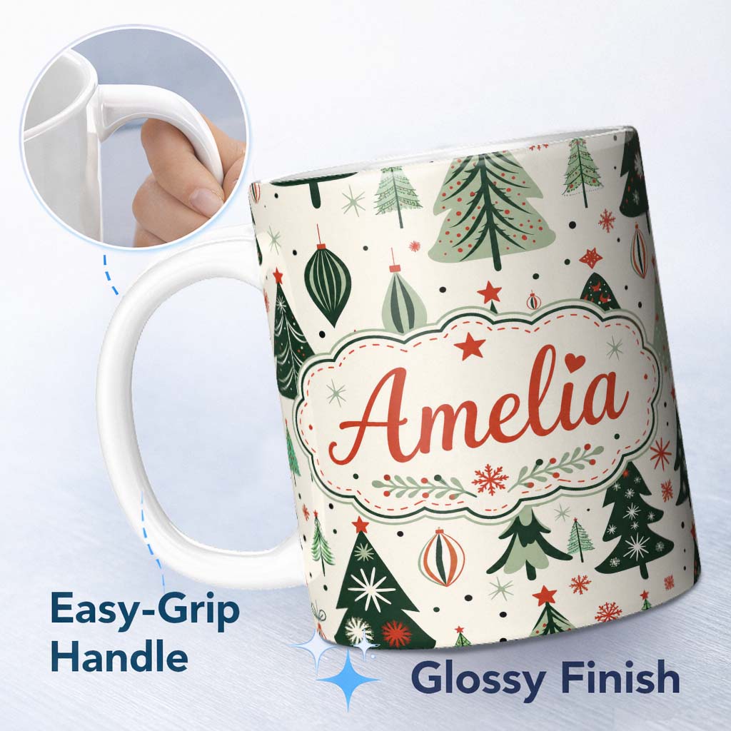 Personalized Custom Name Modern Christmas Trees Ornaments Stars Festive Seamless Pattern 11oz Ceramic Coffee Tea Mug White Large Handle