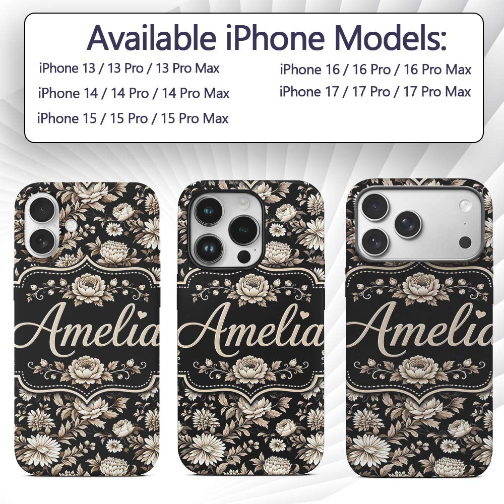 Elegant Ivory Floral Black Background Seamless Custom Name Protective Phone Case Mobile Cover Durable Everyday Smartphone Shock Resistant