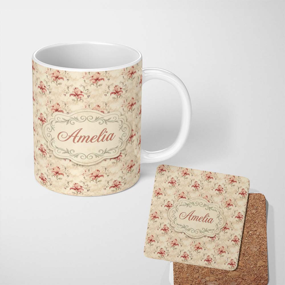 Personalized Custom Name Vintage Red Lily Floral Soft Beige Background Seamless Pattern Name 11oz Ceramic Coffee Tea Mug White Large Handle