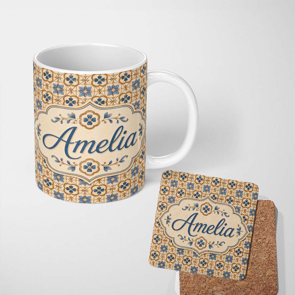 Personalized Custom Name Classic Blue Floral Geometric Tile Pattern Seamless Name Cute 11oz Ceramic Coffee Tea Mug White Large Handle