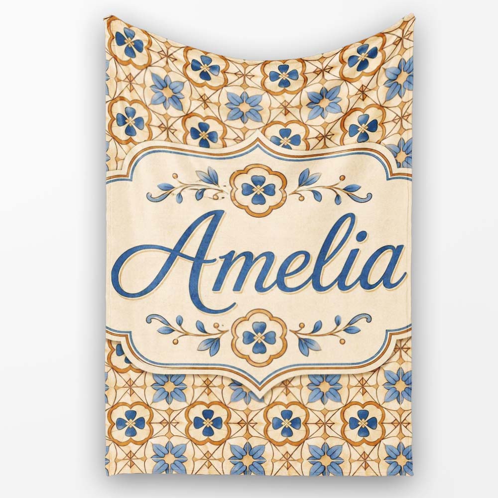 Classic Blue Floral Geometric Tile Pattern Seamless Name Cute Personalised Custom Name Super Soft Fleece Blanket Bed Sofa Throw