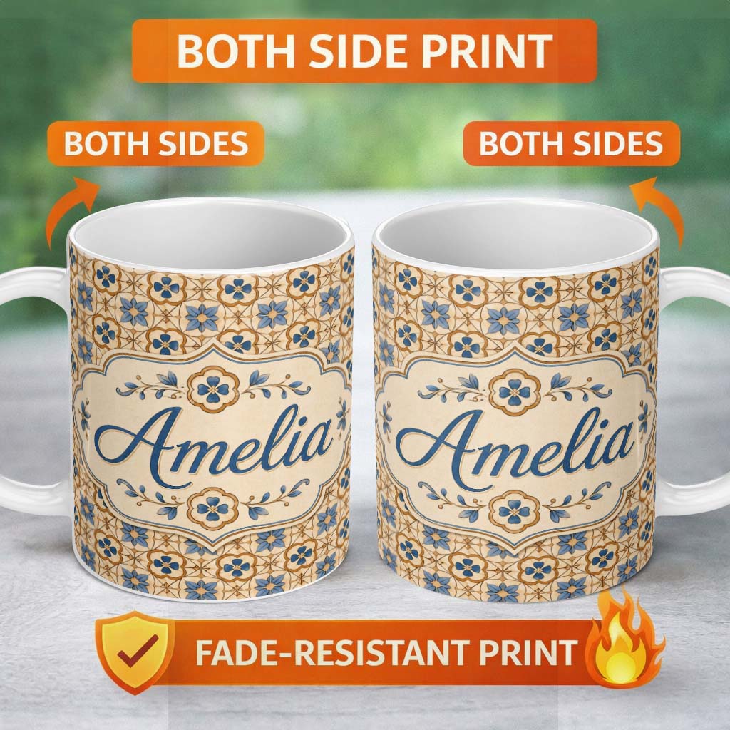 Personalized Custom Name Classic Blue Floral Geometric Tile Pattern Seamless Name Cute 11oz Ceramic Coffee Tea Mug White Large Handle