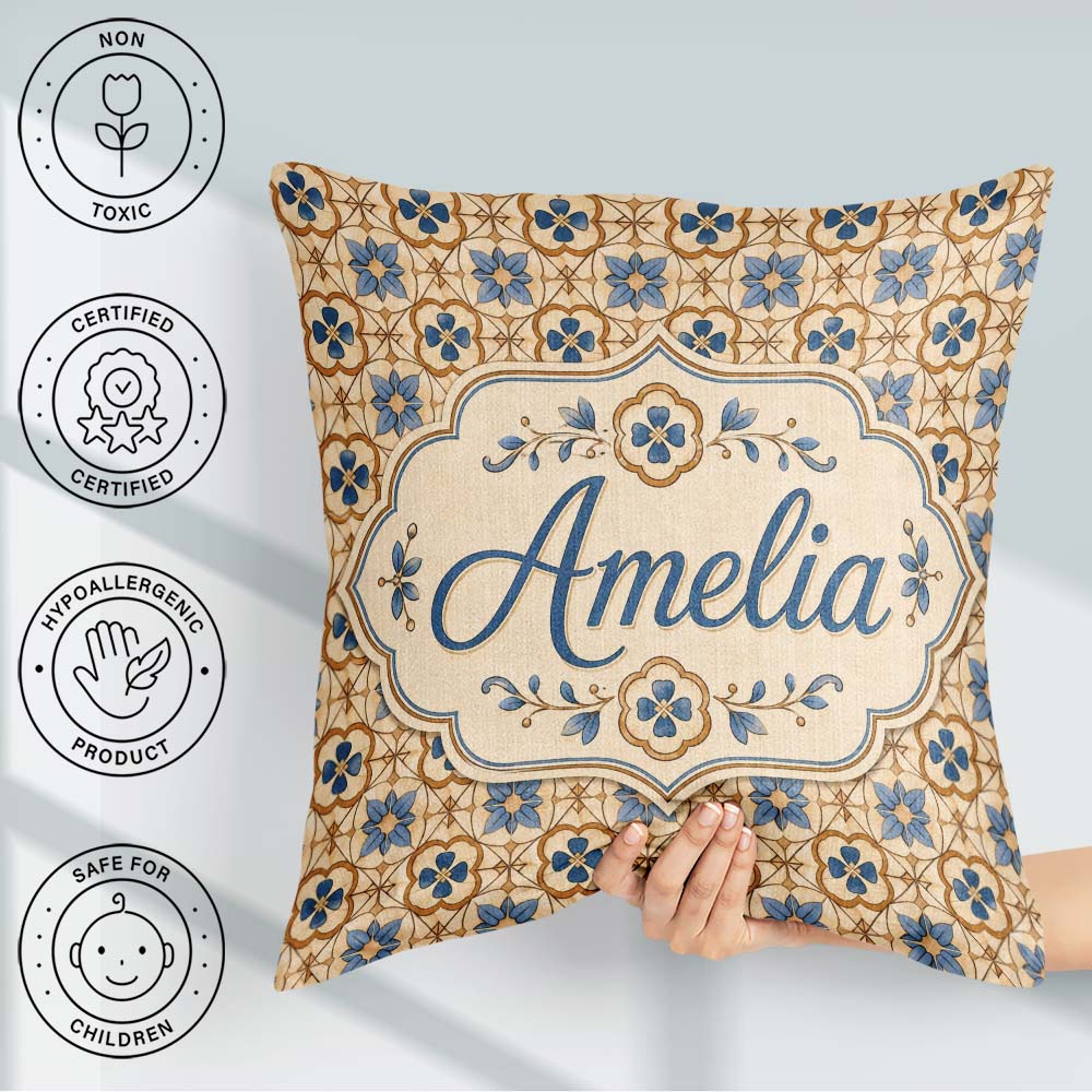 Custom Name Classic Blue Floral Geometric Tile Pattern Name Cute Square Filled Cushion Throw Pillow Sofa Bed Home Decor Zip Washable UK Made