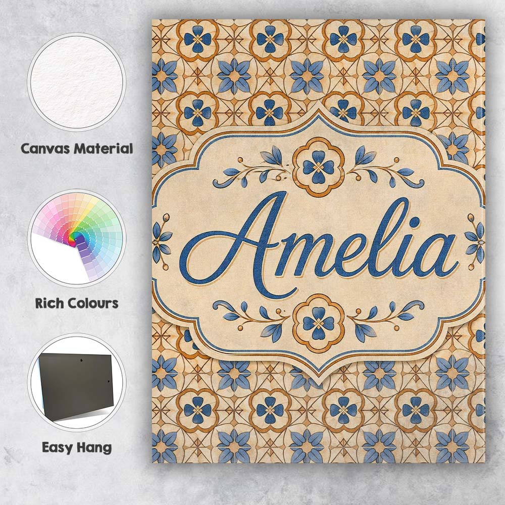 Personalised Name Classic Blue Floral Custom Modern Room Accent Creative Decorator Style Canvas Wall Art Print Decor Picture Ready to Hang