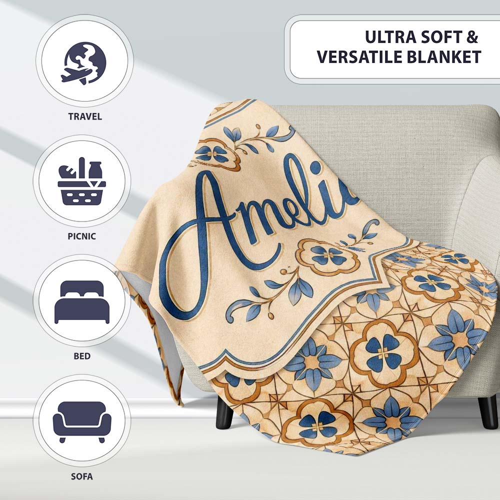 Classic Blue Floral Geometric Tile Pattern Seamless Name Cute Personalised Custom Name Super Soft Fleece Blanket Bed Sofa Throw