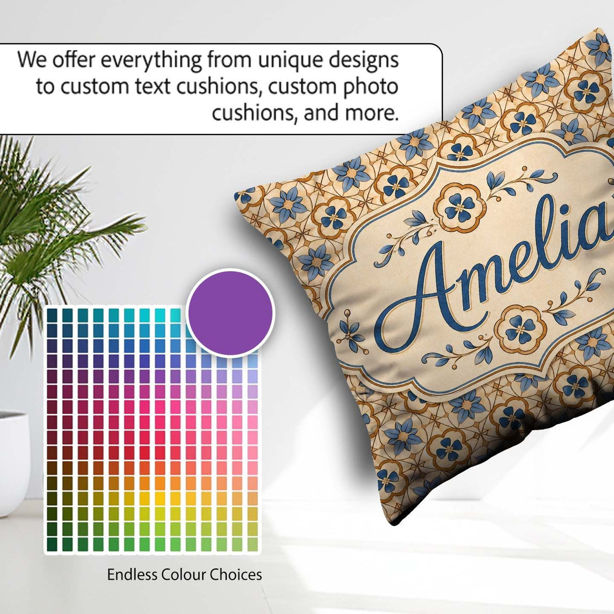 Custom Name Classic Blue Floral Geometric Tile Pattern Name Cute Square Filled Cushion Throw Pillow Sofa Bed Home Decor Zip Washable UK Made