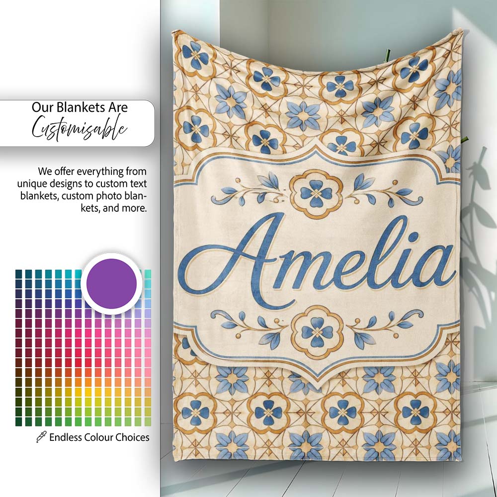 Classic Blue Floral Geometric Tile Pattern Seamless Name Cute Personalised Custom Name Super Soft Fleece Blanket Bed Sofa Throw