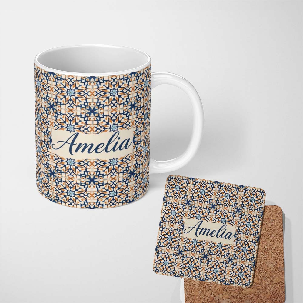Personalized Custom Name Ornate Moroccan Blue Orange Tile Pattern Seamless Name Cute Unique 11oz Ceramic Coffee Tea Mug White Large Handle