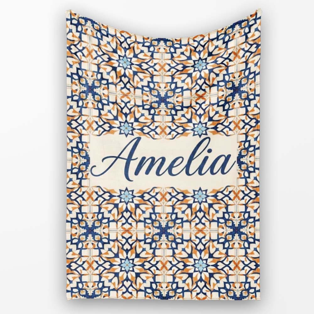 Ornate Moroccan Blue Orange Tile Pattern Seamless Name Cute Unique Personalised Custom Name Super Soft Fleece Blanket Bed Sofa Throw