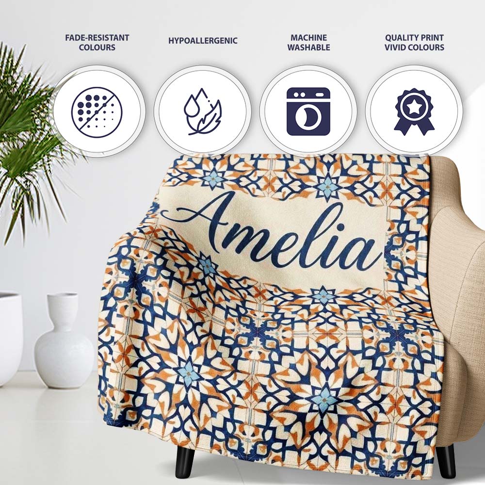 Ornate Moroccan Blue Orange Tile Pattern Seamless Name Cute Unique Personalised Custom Name Super Soft Fleece Blanket Bed Sofa Throw