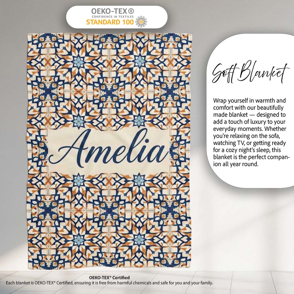 Ornate Moroccan Blue Orange Tile Pattern Seamless Name Cute Unique Personalised Custom Name Super Soft Fleece Blanket Bed Sofa Throw