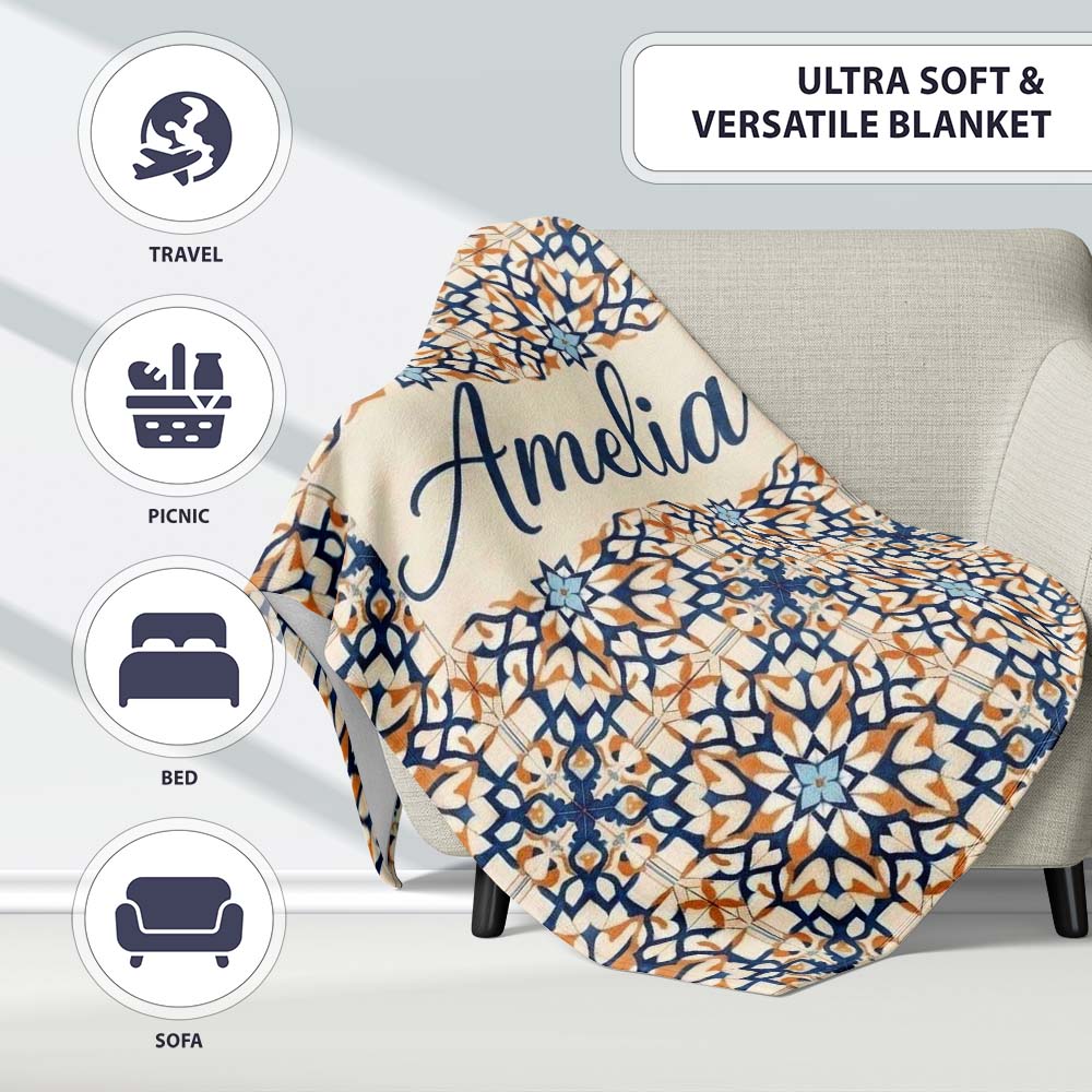 Ornate Moroccan Blue Orange Tile Pattern Seamless Name Cute Unique Personalised Custom Name Super Soft Fleece Blanket Bed Sofa Throw