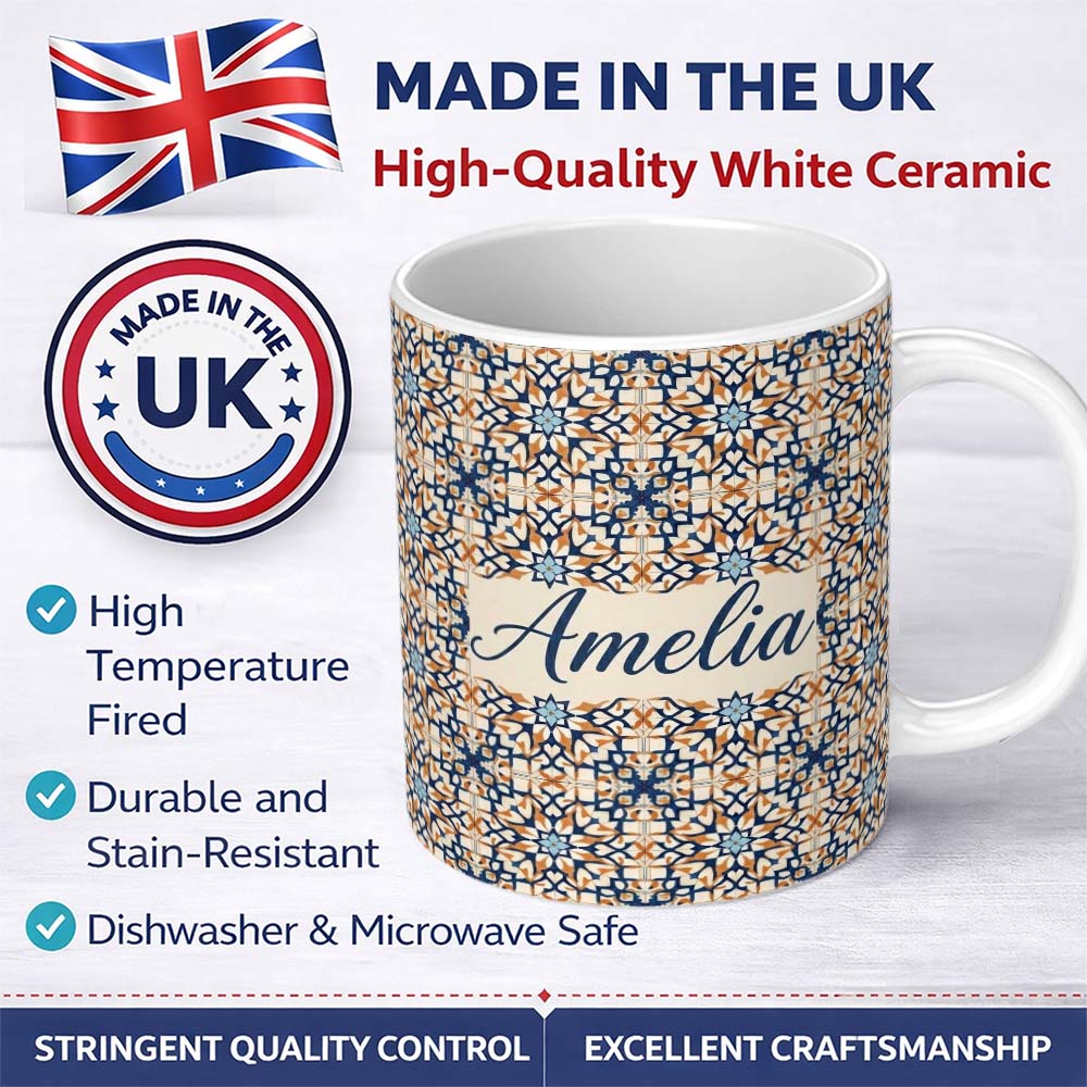 Personalized Custom Name Ornate Moroccan Blue Orange Tile Pattern Seamless Name Cute Unique 11oz Ceramic Coffee Tea Mug White Large Handle